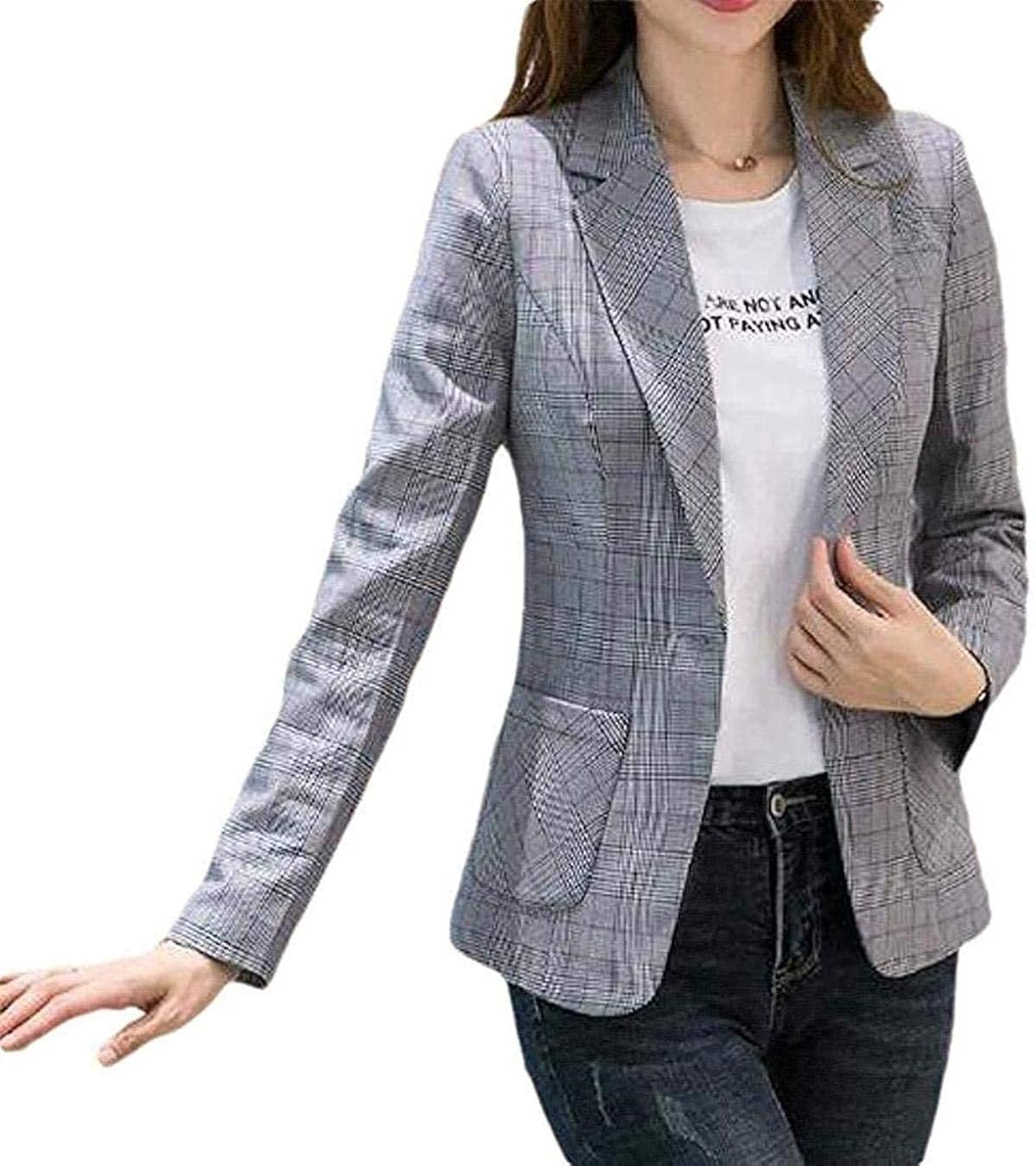 Women Checkered 1 Button Blazer Slim Fit Dress Casual