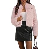 AMZANGEL Women's Collared Faux Fur Jacket Cropped Winter Zipper Long Sleeve Fluffy Short Coat with Pockets