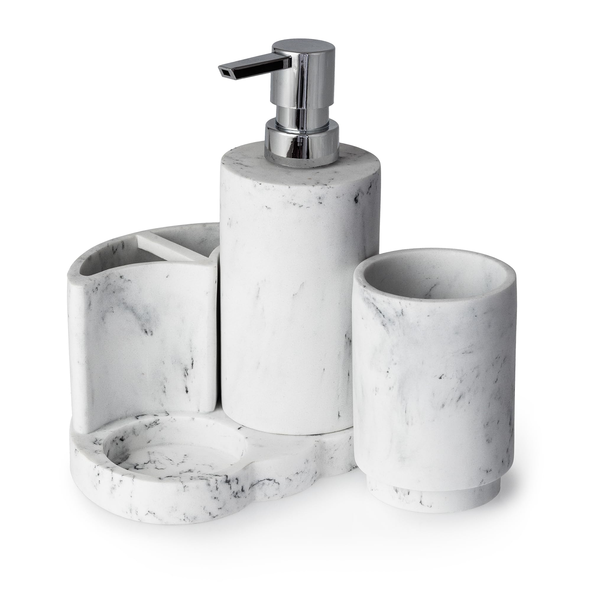 Blue Canyon Arezzo Set of Bathroom Accessories, 4 in 1 Bathroom Set, Accessories Include Soap Dispenser, Tumbler, Toothbrush Holder & Base Tray, Luxurious Marble Finish, Durable Resin Material, White