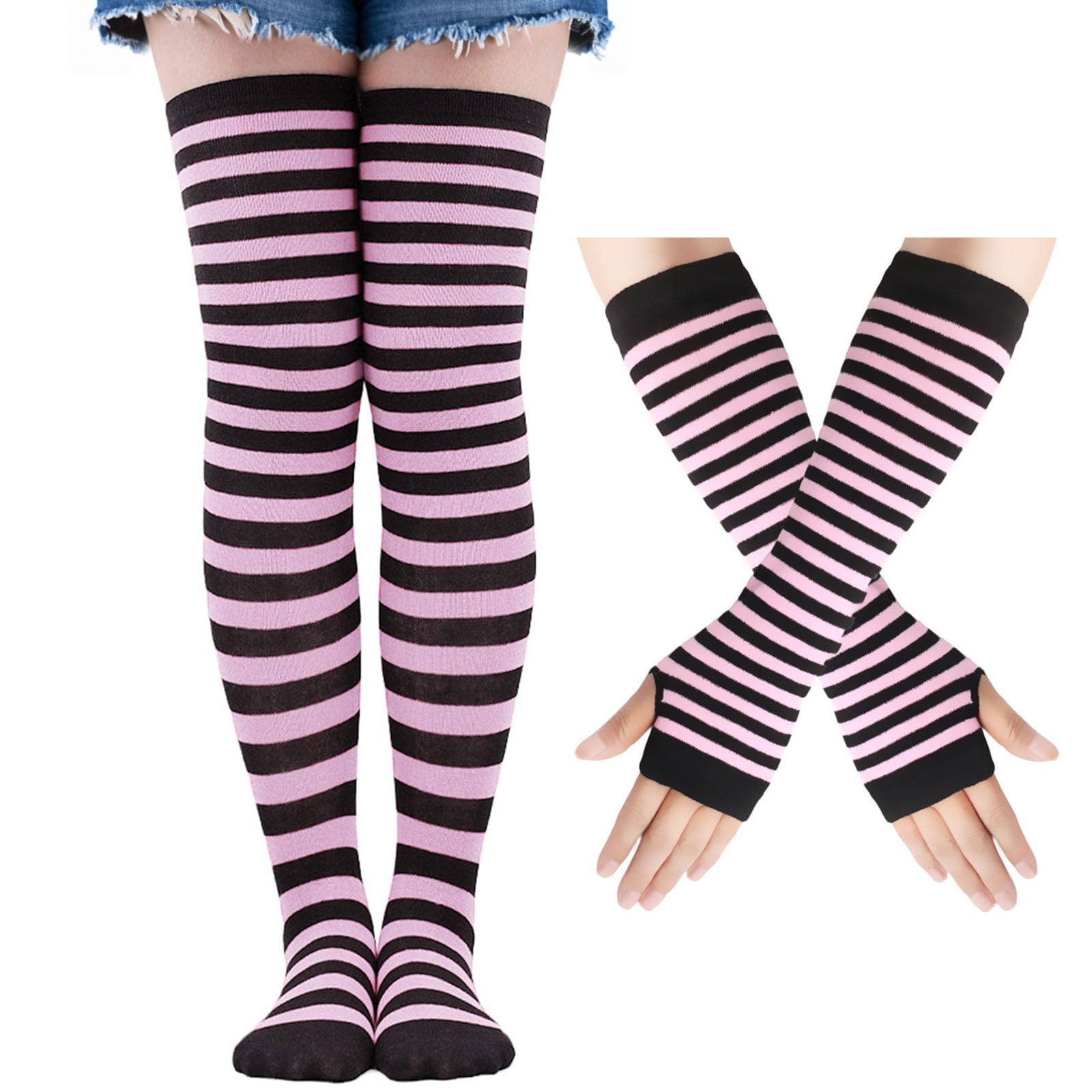 View 1 of *MISSING ITEMS UNKNOWN*
LUHOHI Striped Arm Leg Warmers Sleeves Set?Striped Socks Knee High and Fingerless Gloves Rainbow Fringe Hand Warmer Winter Thigh Leggings Long Knit for Women Girls Stocking,Light Pink