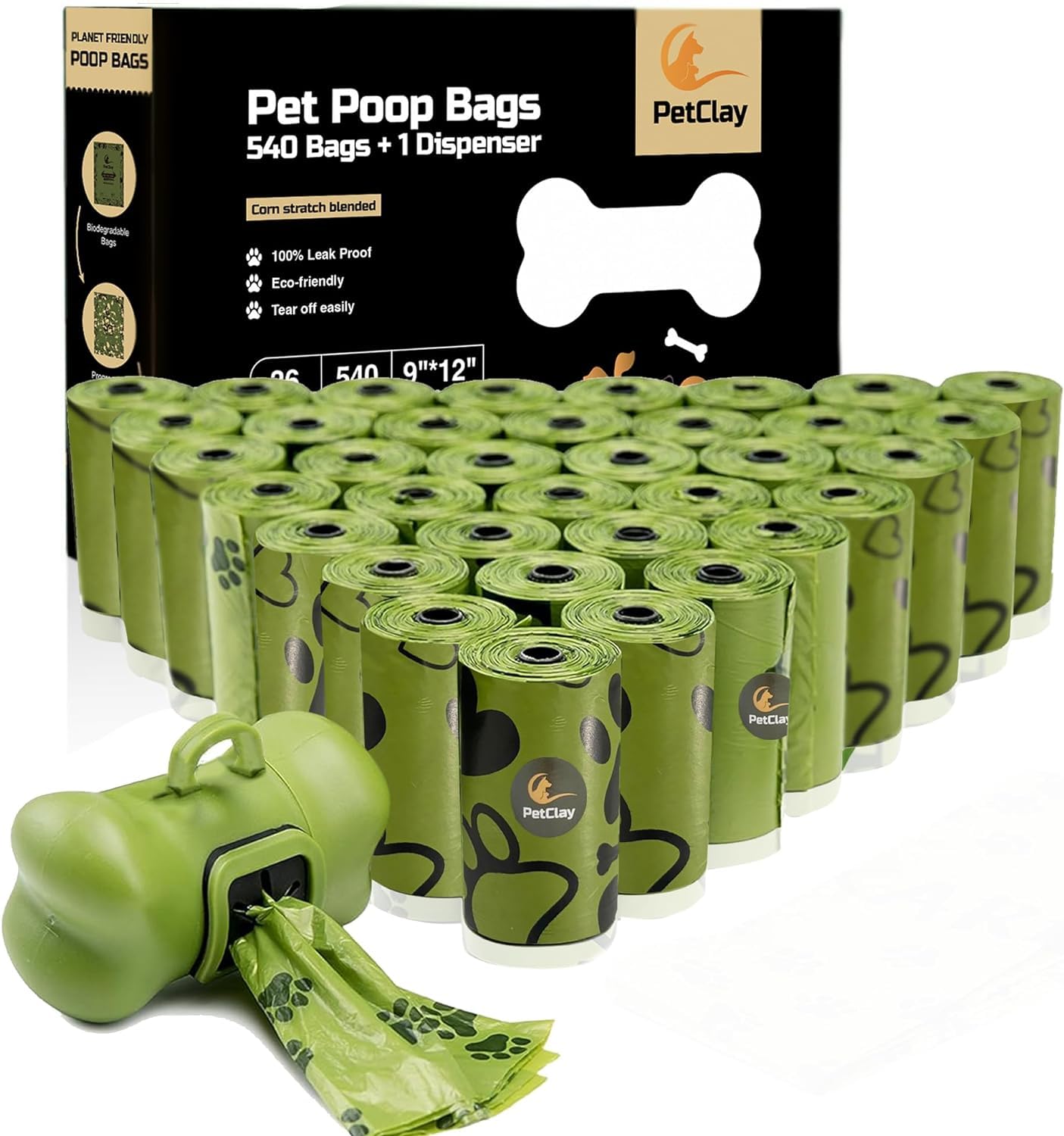 Petclay Poo Bags for Dog Waste, 540 Counts Biodegradable Dog Poop Bags, 100% Leak Proof and Extra Thick Refill Rolls for Dogs