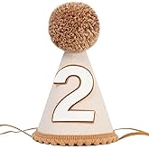UOAOU White Brown 2nd Birthday Hat - Second Birthday Party Decorations, Brown Simple Number Cone Hat, Boho Theme Party Decorations, Two Year Old Baby Party Hat Photo Props