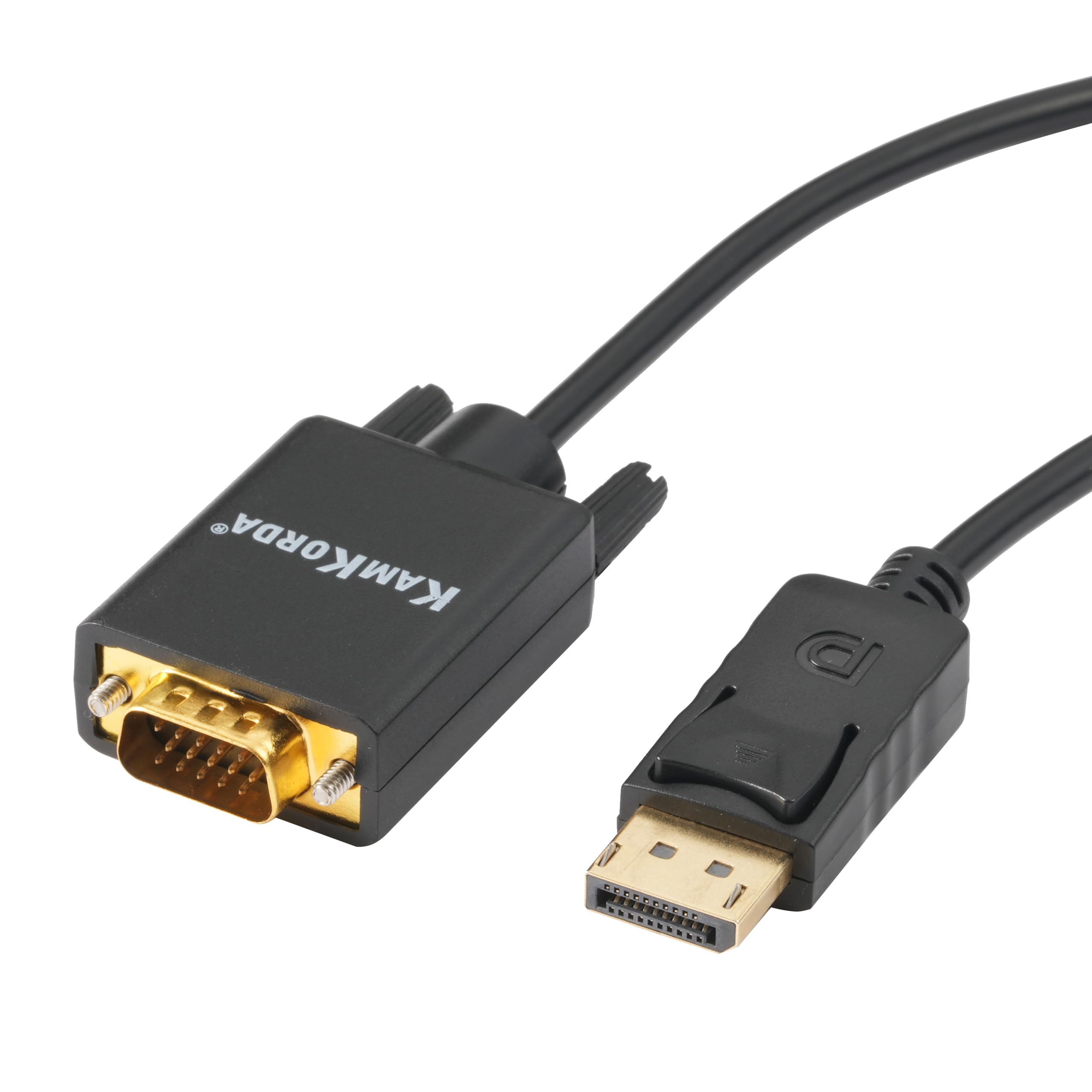 KamKorda VGA to DisplayPort Cable, 1.8m, Gold Plated, Full HD Transmission, Durable, Secure Latch Design, Easy Release Button – Black