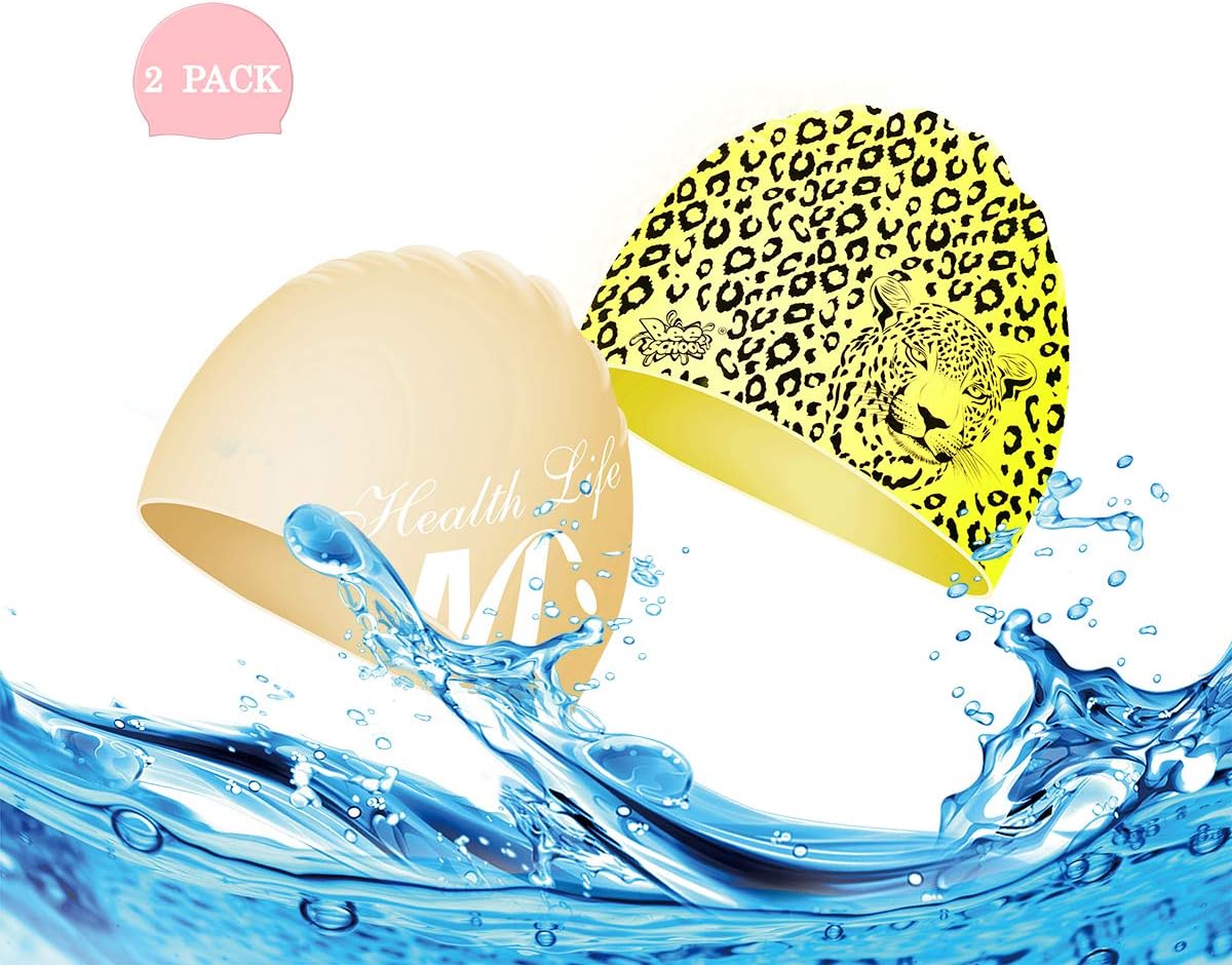 Bee School Silicone Swim Caps, No Leakage Non-Sticky Hair Soft Non-Slip Waterproof Pack of 2 Color Choice Swimming Cap for Men Women Adults Girls Youths Kids