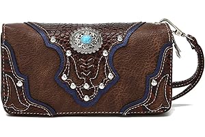 COWGIRL TRENDY Conchos Studded Crocodile Laser Cut Cowgirl Western Style Country Purse Wrist Strap Women Wristlet Wallet (Brown), Large