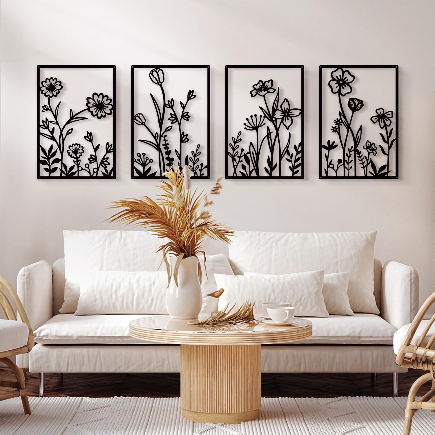 Photo 1 of Sokurdeg Black Metal Flowers Wall Decor, Minimalist Floral Wall Hanging Art, Black Abstract Line Wall Art Sculptures for Bedroom Bathroom Living Room (4 Pcs, 12 x 17 in)