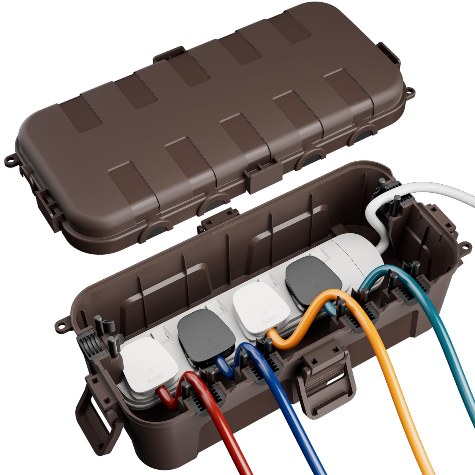 RESTMO Outdoor Waterproof Box (29 × 13.2 × 10cm), IP54 Weatherproof Electrical Box for Multi Plug Extension Lead, Protect Outlet, Plug, Christmas String Lights from Water, Snow, Dust, Brown