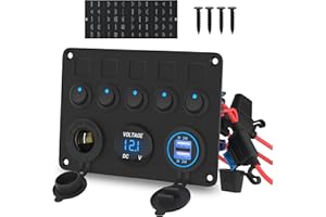 RVMARINEPAT 5 Gang Rocker Switch Panel UL Listed 12 Volt ON-Off Switch Panel Blue LED with Inline Fuse & 4.8A USB Charger Soc