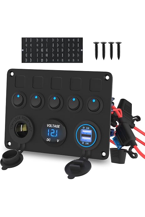 Panel De Interruptores De Botón Pulsador De Aluminio De 6 Entradas Para Barco Marino 12V Voltímetro USB Dual RV Panel De Control Para Interruptores Basculantes De Camión De Coche