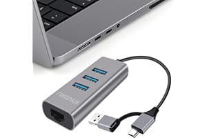 TWOPAN USB 3.0 Hub Ethernet, Aluminum USB C to Ethernet Adapter, 3 Port USB C Hub for Laptop, RJ45 LAN Adapter for 24 inch iMac 2021, New MacBook Pro/Air, Chromebook, Pixelbook, Surface, Yoga, XPS