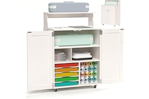 CRAFIT 𝐂𝐫𝐚𝐟𝐢𝐭 Craft Cart Storage Cabinet Compatible with Cricut Machine, Rolling Crafting Table Furniture with Vinyl Roll Holder Organizer Desk Workstation for Craft Room Home Organization, Ivory