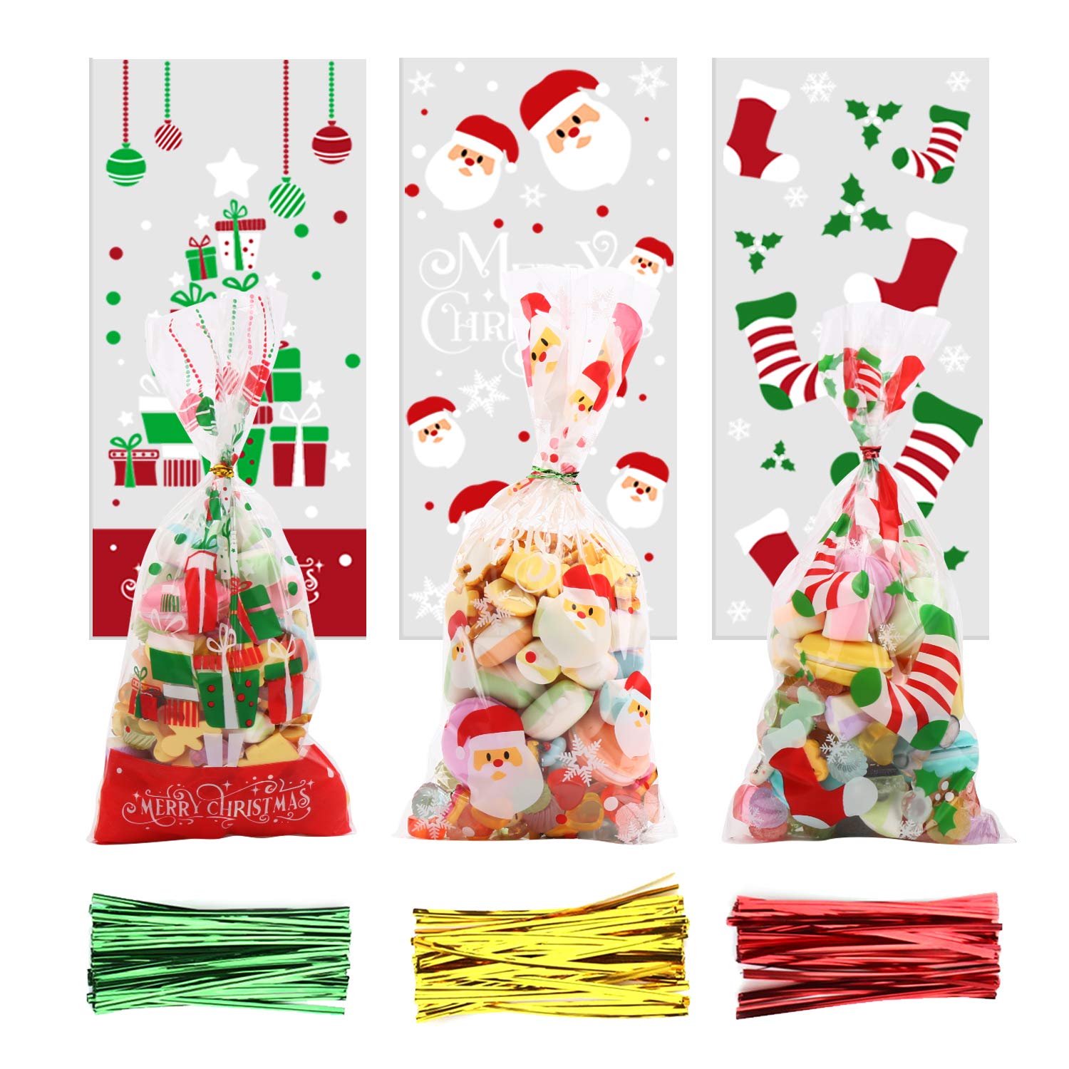 VEYLIN Christmas Cellophane Treat,120 Pack Clear Sweet Bags with 150 Twist Tie for Xmas Party Supplies, 3 Styles