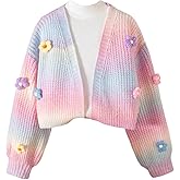 SHENHE Girl's Cute Flower Cardigan Open Front Chunky Knit Colorful Cropped Cardigan Sweater
