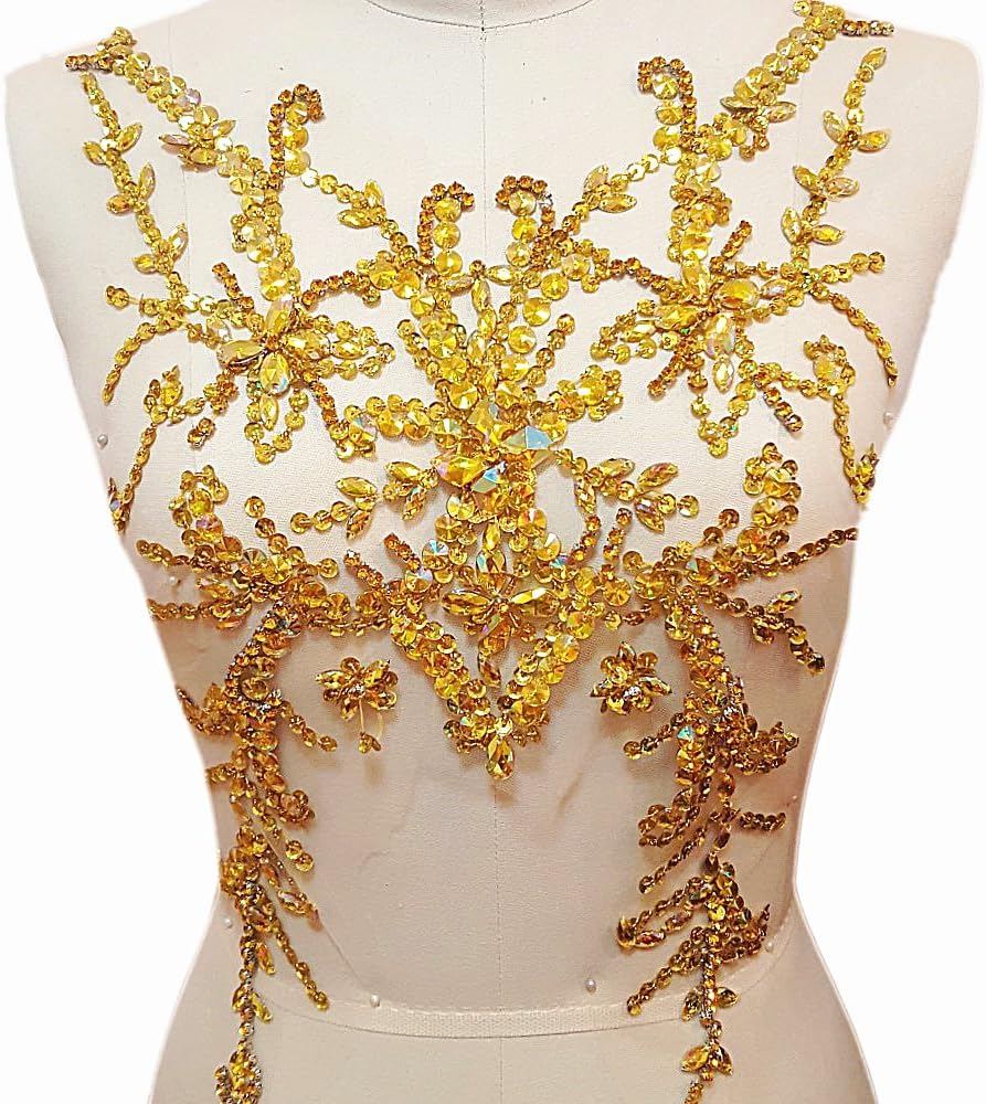 Sumptuous Exquisite Embroidery Handmade Beaded Sequin AB Colour Sew on Rhinestones Applique Manual Collar Waist Costume Fine Motif Wedding Dress Trimming 28x49cm (yellow)