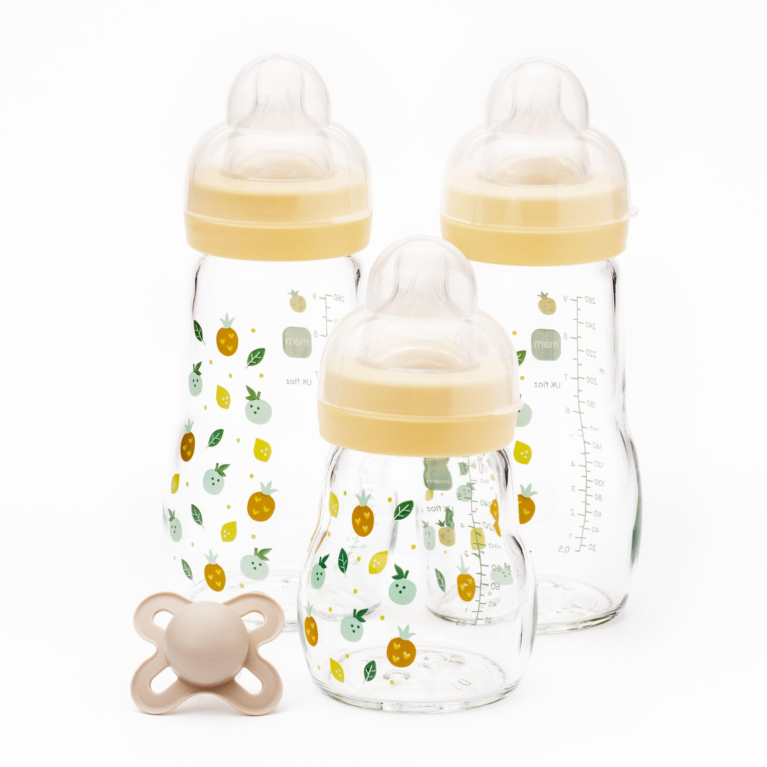 MAM Glass Baby Bottles & Soother Starter Set | 4 Pieces | 2X 260ml and 1x 170ml Feeding Bottles | 1x 0-2 Months Soother | Perfect Baby Accessories for Newborn