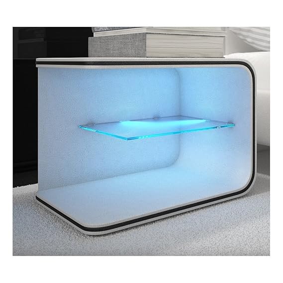 Nacht-Tisch mit LED-Beleuchtung und Kunstleder-Bezug in weiß 50x40cm | Tiris | Design Beistell-Tisch mit Ablage Kunstleder we