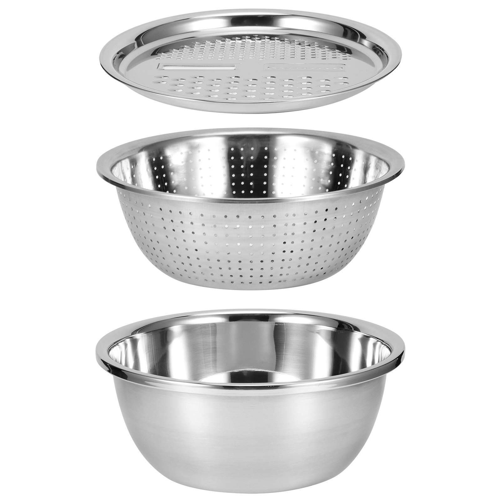 3 in 1 Mixing Bowls Set, Stainless Steel Stackable Strainer Bowl Set with Grater Vegetable Washing Bowl Set Strainer Salad Fruit Rice Washing Draining Bracket Drain Basin Grater Kitchen Tools