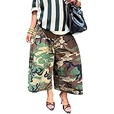 Voghtic Women's Camo Sweatpants Barrel Cropped Elastic Waist Denim Pants Loose Trousers with Pockets