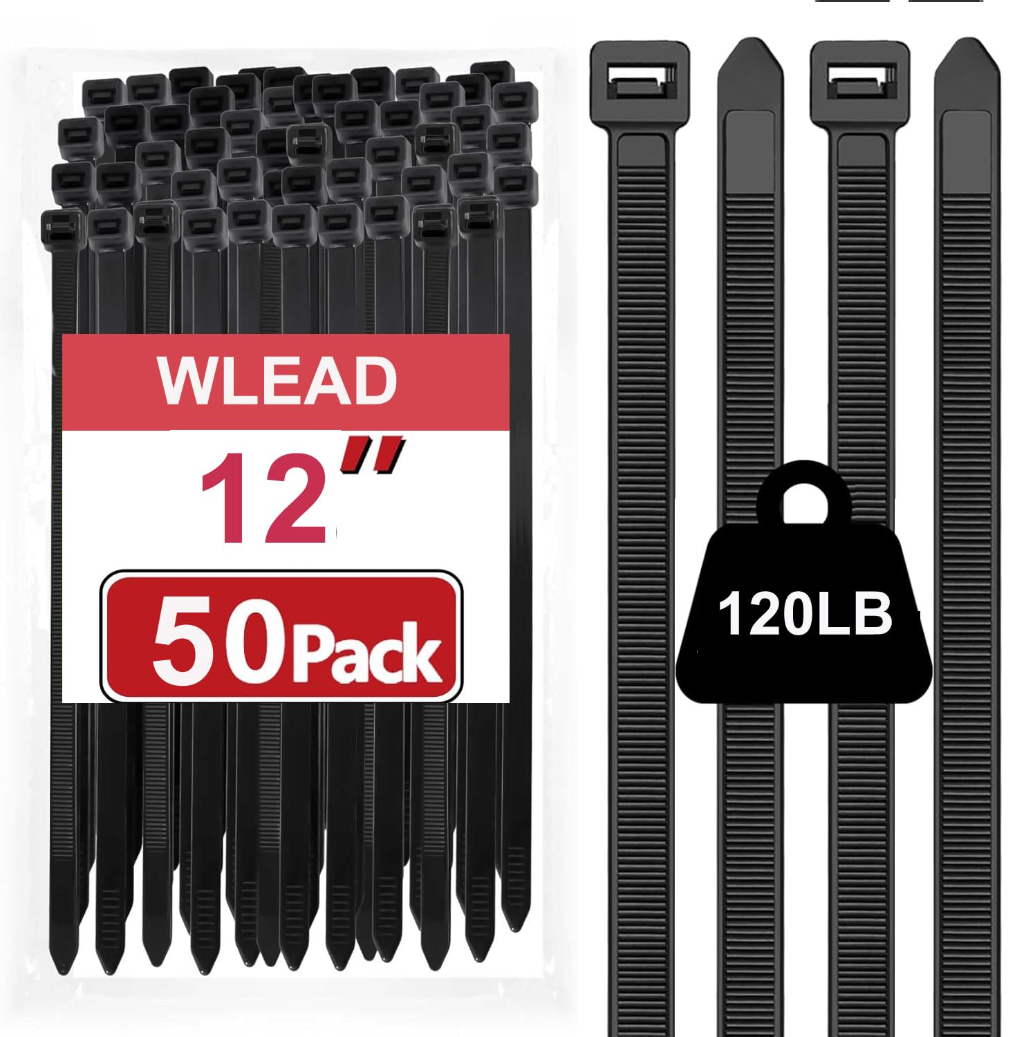Zip Ties Heavy Duty 12 inch,Toothed Double Sided With 120 LBS Tensile Strength Cable Ties,Extra Large Wire Ties Adjustable Nylon Tie Wraps for Indoor Outdoor（50 Pack Black）