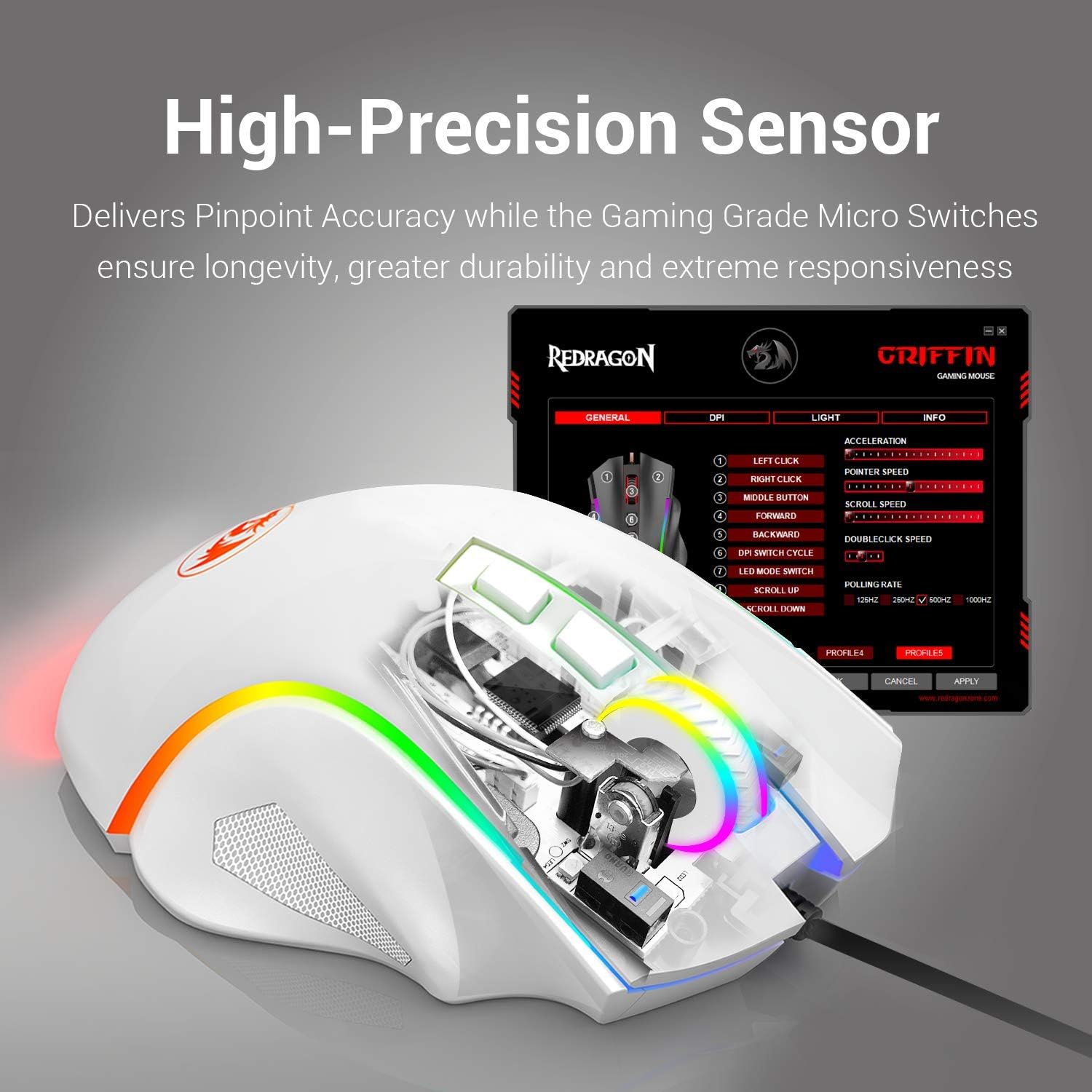 Redragon M602 RGB Wired Gaming Mouse RGB Spectrum Backlit Ergonomic Mouse Griffin Programmable with 7 Backlight Modes up to 7200 DPI for Windows PC Gamers (White): Computers & Accessories