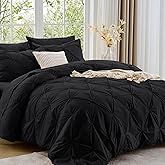 Sasttie Twin Comforter Set, 5-Piece Bed in a Bag, Pintuck Bedding Sets for All Season, Includes Comforter, Flat Sheet, Fitted Sheet, Pillowcase and Pillowsham, Black