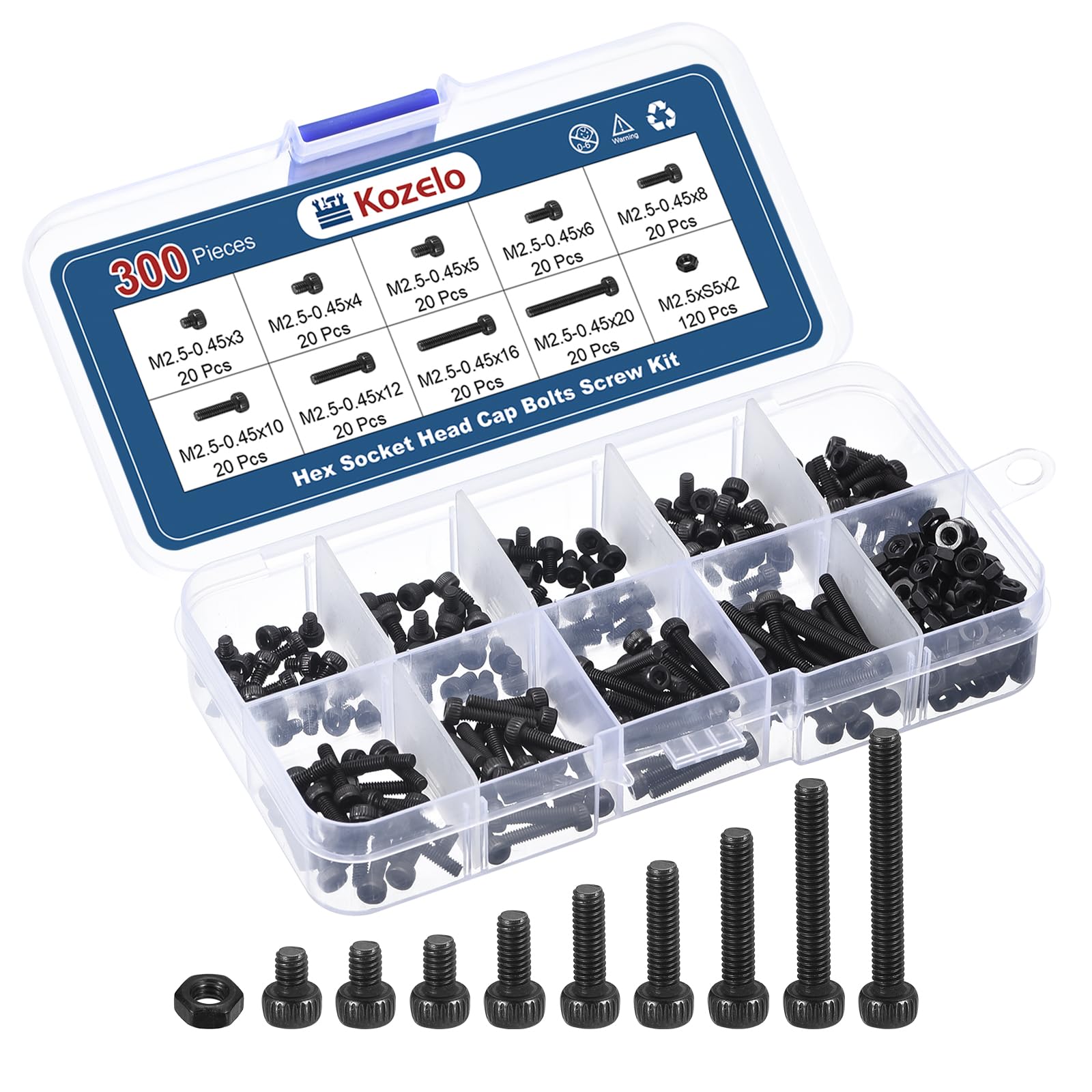 Kozelo 300pcs M2.5 Socket Head Cap Screws Bolts Nuts Assortment Kit - [M2.5x3/4/5/6/8/10/12/16/20mm] Alloy Steel Fully Threaded Black Oxide 12.9 Internal Hex Screw for 3D Printer Use — image 1