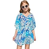 Haloumoning Girls Chiffon Swim Beach Cover Up Kids Cute Elastic Waist Printed Bathing Suit Coverups 5-14 Years