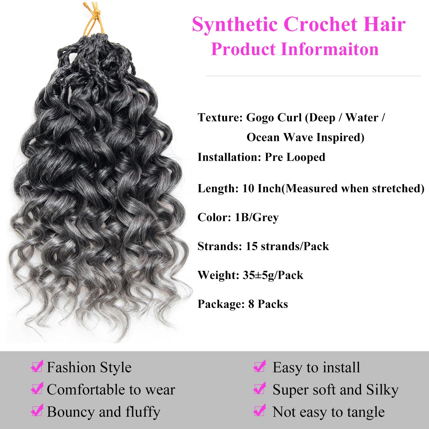Condition photo showing As Is for xsaslyet pre looped gogo curl crochet hair, 10 inch, 8 packs, 1b/grey