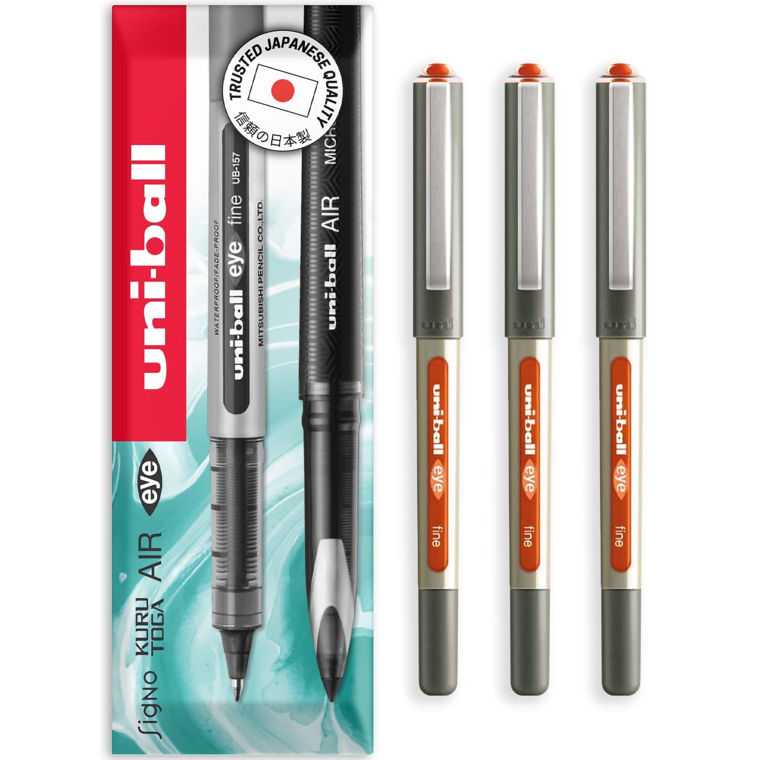 uni-ball EYE - UB-157E Rollerball Pens - 0.7mm Nib - In Envelope Gift Packaging (Pack of 3, Orange)