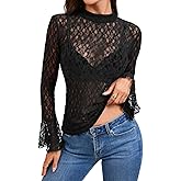Tankaneo Womens Lace Mesh Tops Bell Long Sleeve Mock Neck Sheer Blouses Sexy See Through Slim Fit Shirts