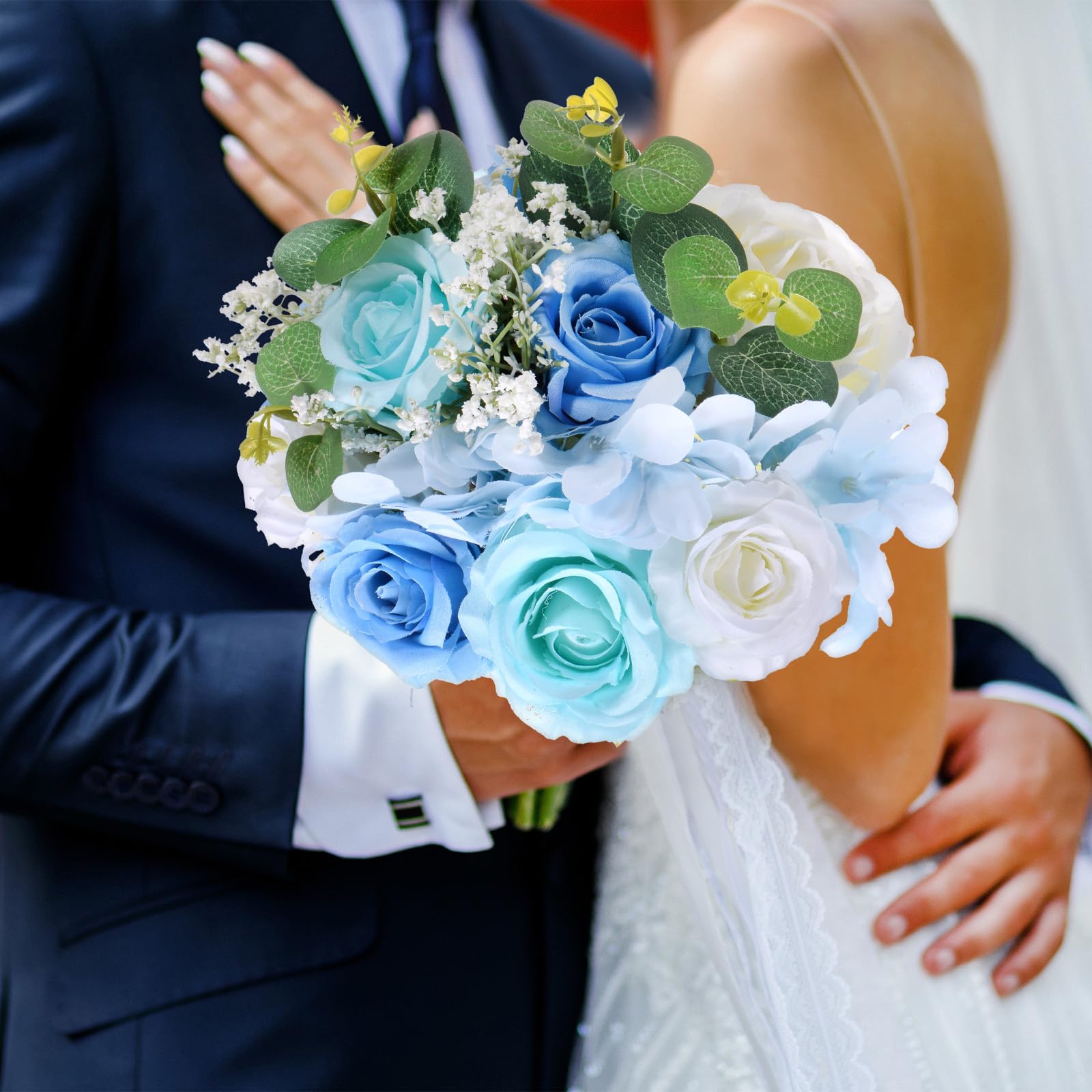 M METERXITY Wedding Bouquets for Bride, Artificial Flower Bouquet for Wedding Bridal Bouquets for Bride/Bridesmaid, Multicolor Bouquets with Silk Ribbon [Blue]