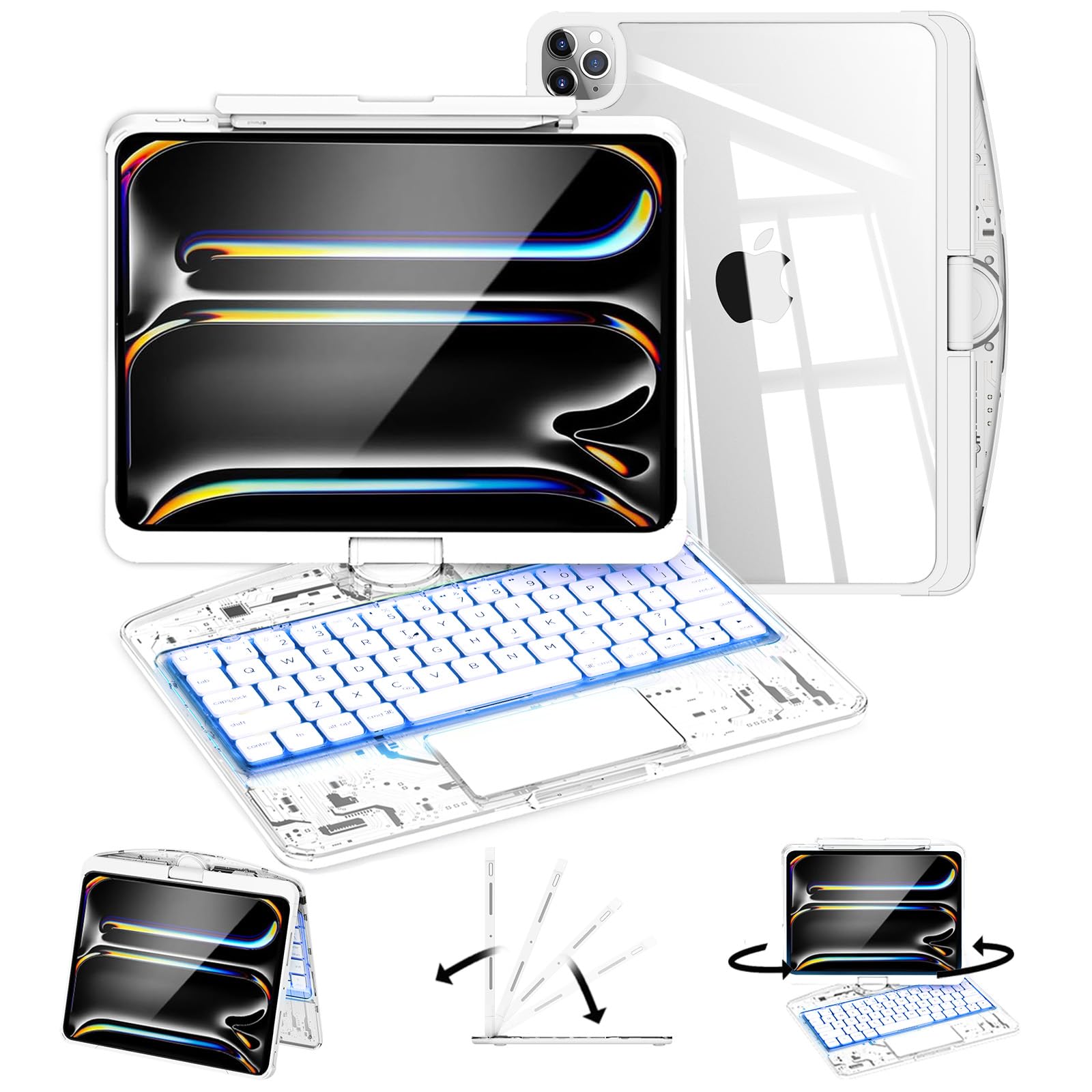 Photo 1 of ND NAIDUN Transparent Keyboard Case for iPad 11th A16(2025)/10th(2022),360°Rotating,7-Color Backlit Wireless Keyboard with Touchpad,Pencil Holder,White