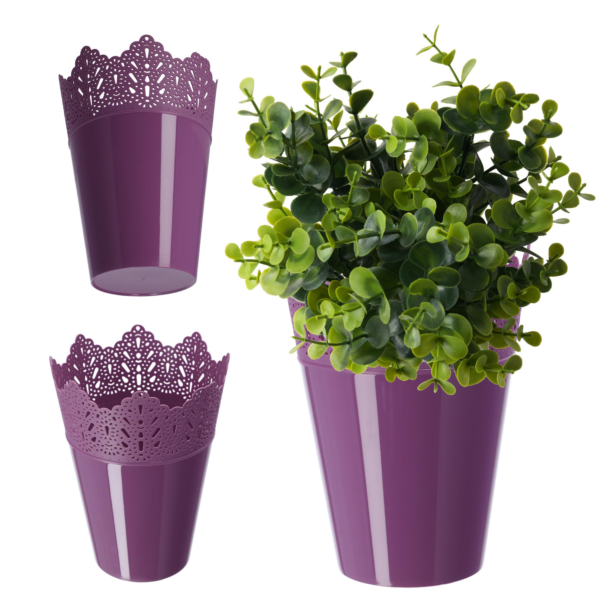 KADAX Plastic Lace Flower Pot, 9 Colours, Flower Pot with Lace Motif, Flower Pot Protector for Office, Pot, Garden Bowl, Flower Pot, Planter (Diameter 12 cm, High, Purple)
