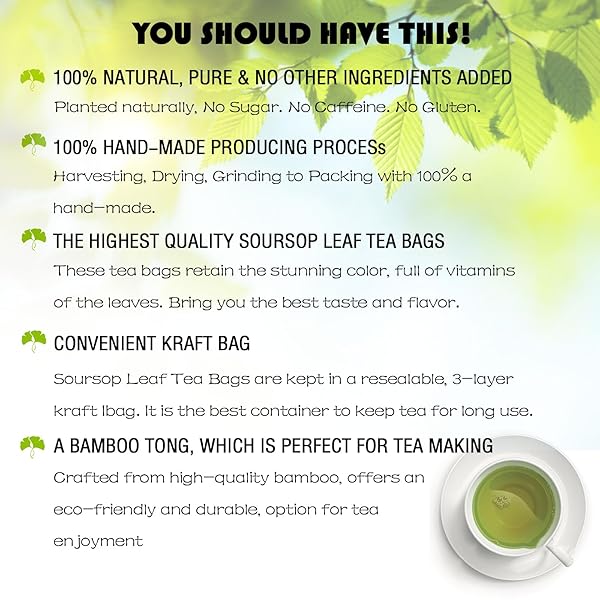 PREMIUM SOURSOP GRAVIOLA LEAF TEA BAGS – SOURSOP TEA, HOJAS DE GUANÁBANA, 100% NATURAL AND PURE, HANDMADE,BOOSTS IMMUNITY, NO SUGAR, NO CAFFEINE (1)