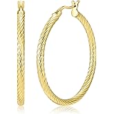 14 Karat Gold Earrings, 14K Gold Hoop Earrings for Women, 35mm Twisted Vermeil Hoops, Lightweight Hollow Earrings, Hypoallergenic Jewelry Gift, 14K Gold Plated 925 Sterling Silver