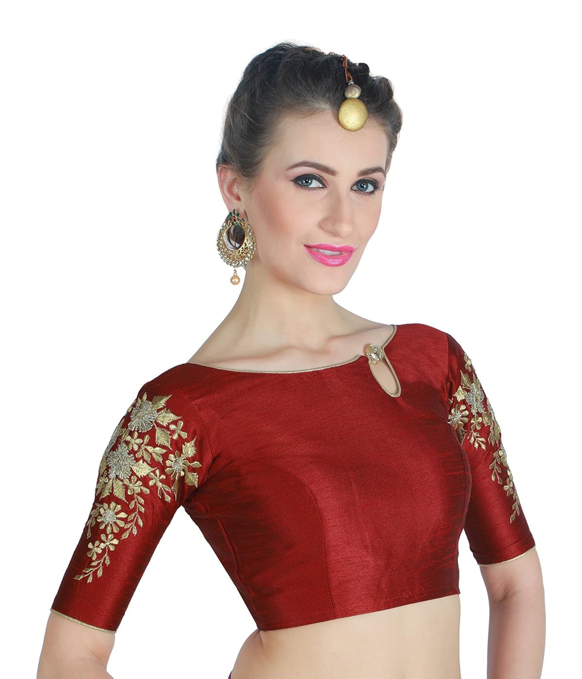 studio shringaar women's poly raw silk maroon readymade saree blouse with sleeves embroidery