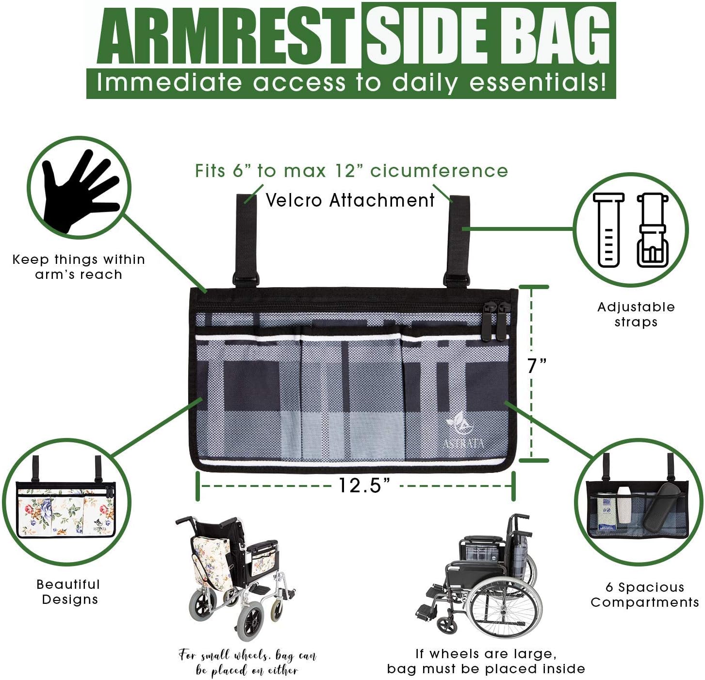 Two Bags Wheelchair Accessories by Astrata - Backpack Storage and Armrest Side Organizer - Lightweight Wheelchair Rollator Walker Bag - Organizers and Storage Travel Items (Gray Tartan): Health & Personal Care
