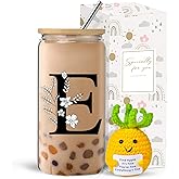 Monogrammed Initial Glass Cup with Lids and Straws, Personalized Gift Set with Doll, 16 Oz Ice Coffee Cup for Women, Birthday Christmas Mothers Day Gift for Her, E