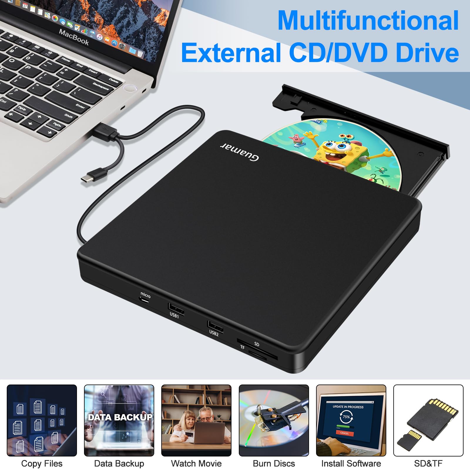 Guamar External DVD Drive USB 3.0 DVD Player for Laptop with 2 USB Ports and 2 TF/SD Card Slots CD Burner for Mac PC Windows Linux(Black)