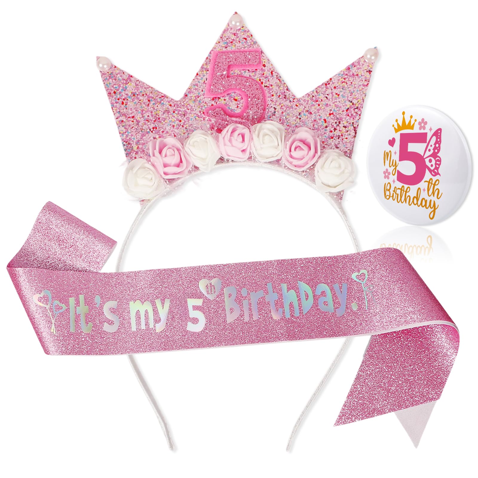 Bliceon 5th Birthday Girl Headband Sash and Badge Set, 3 Piece Pink Glitter Princess Party Decorations, Birthday Decorations Gifts for 5 Year Old Girls Party Supplies