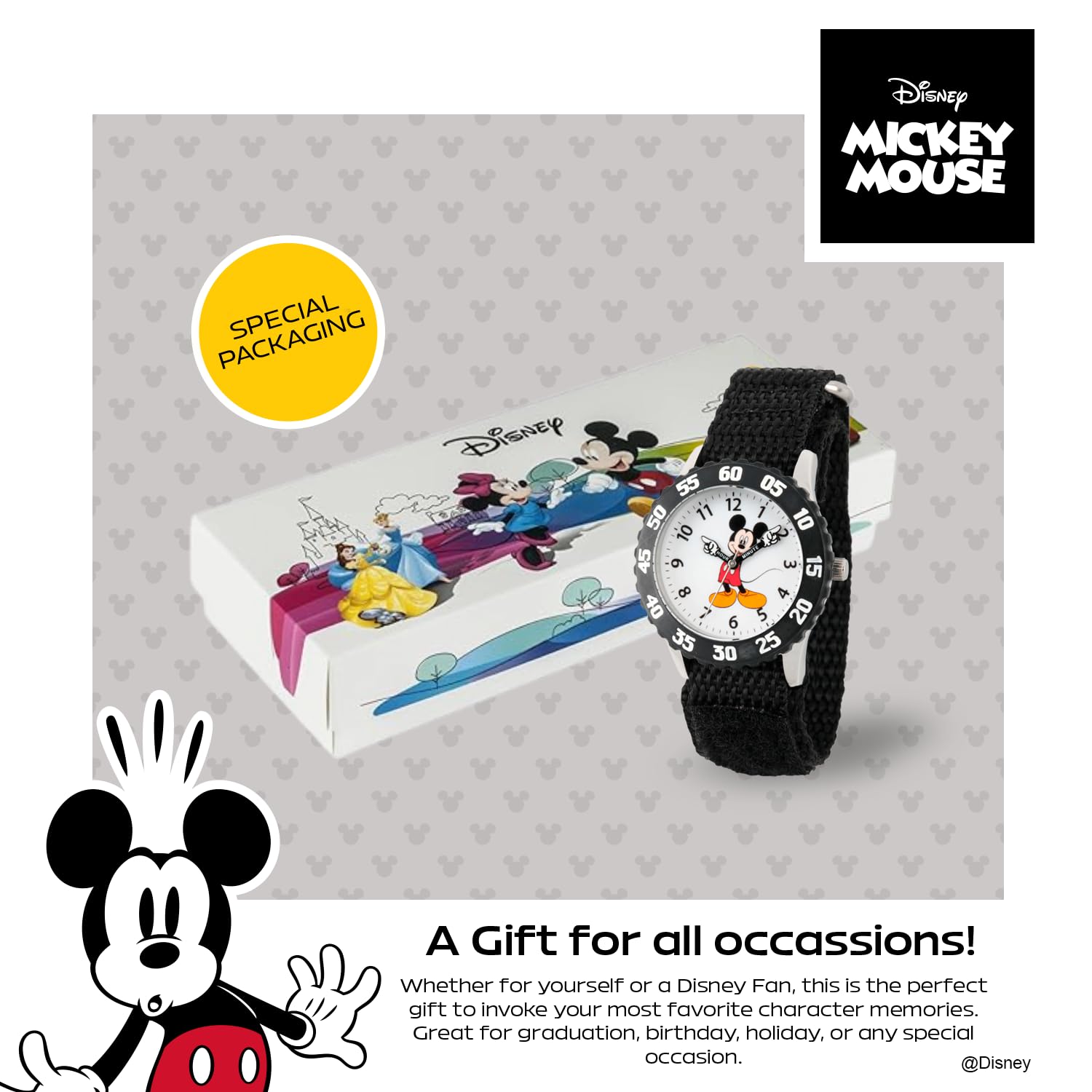 Disney Disney Mickey Mouse Kids' Bezel Stainless Steel Time Teacher Analog Nylon Strap Watch