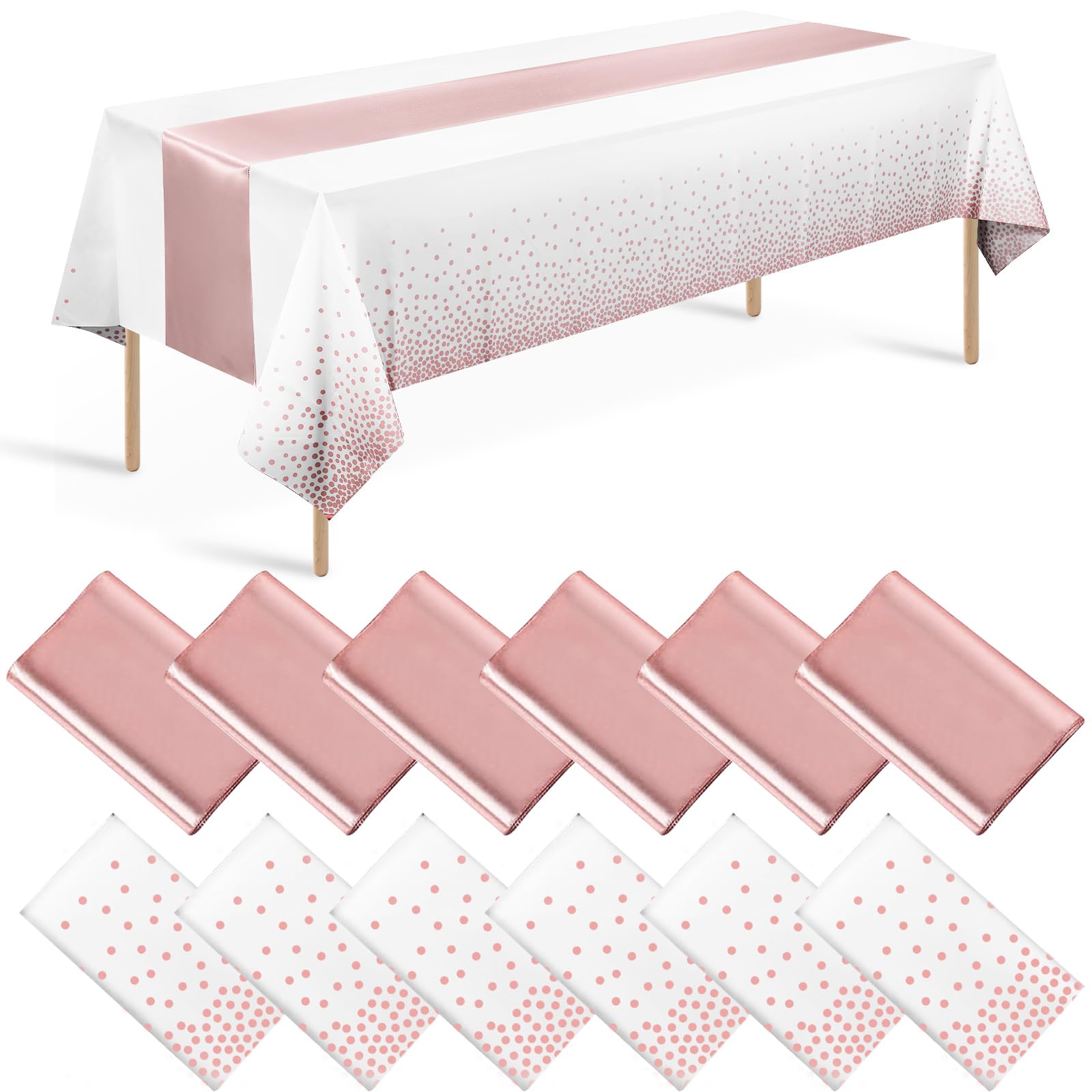 Photo 1 of 12 Pack Rose Gold Tablecloth and Table Runner Set Party Decorations, White and Rose Gold Plastic Disposable Tablecloth and Satin Table Runner for Wedding Birthday Bridal Graduation Anniversary Party