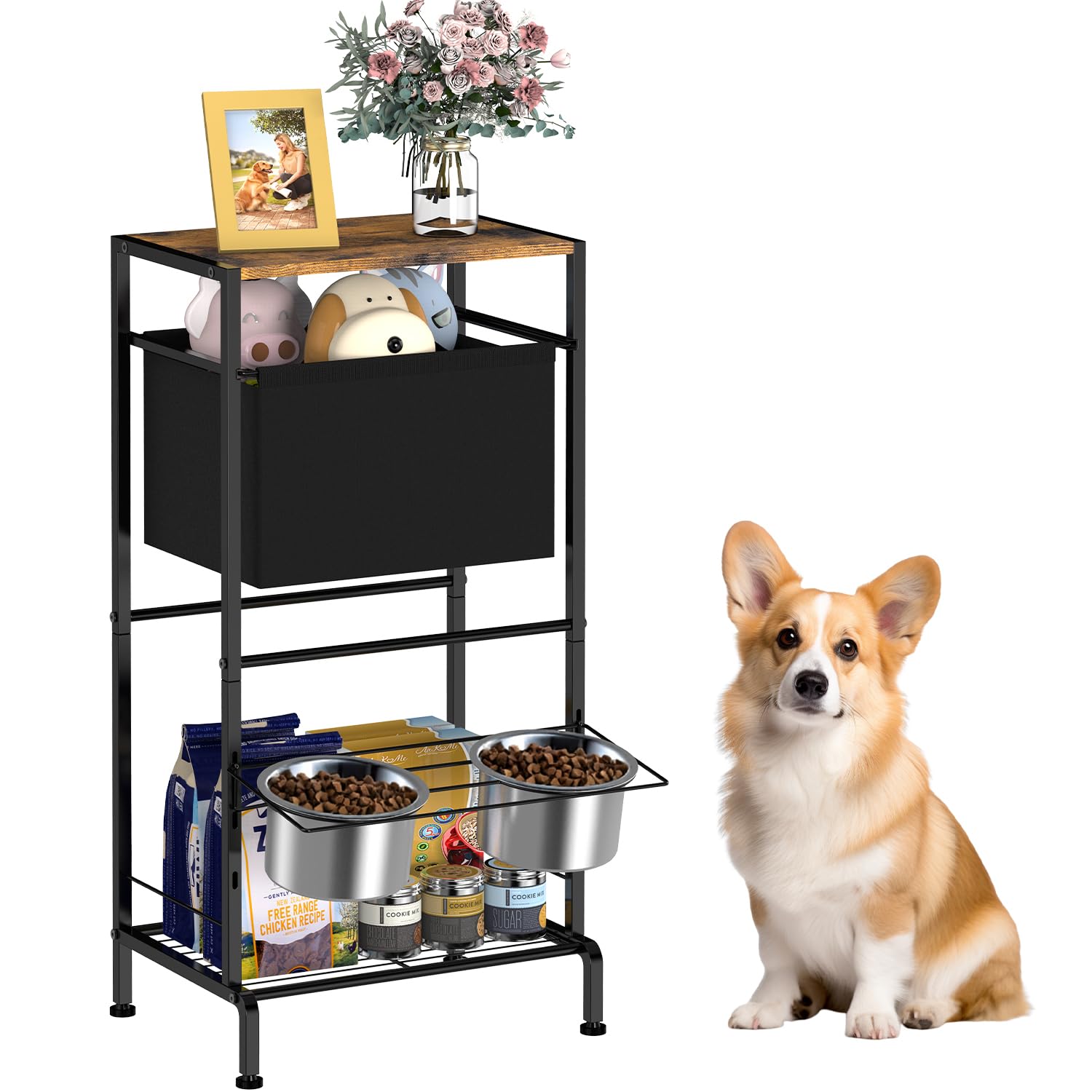 Photo 1 of Elevated Dog Bowls, Raised Bowl Stand with Toy Bin Basket, Dog Food Feeding Station, 2 Stainles Container Heights Adjustable Shelve, Holder Cabinet Pet Storage Organizer for Medium Small DogCat, Brown