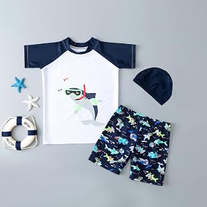 Boys Cartoon Crocodile Rash Guard Swim Set, Deep Blue, 4X-Large