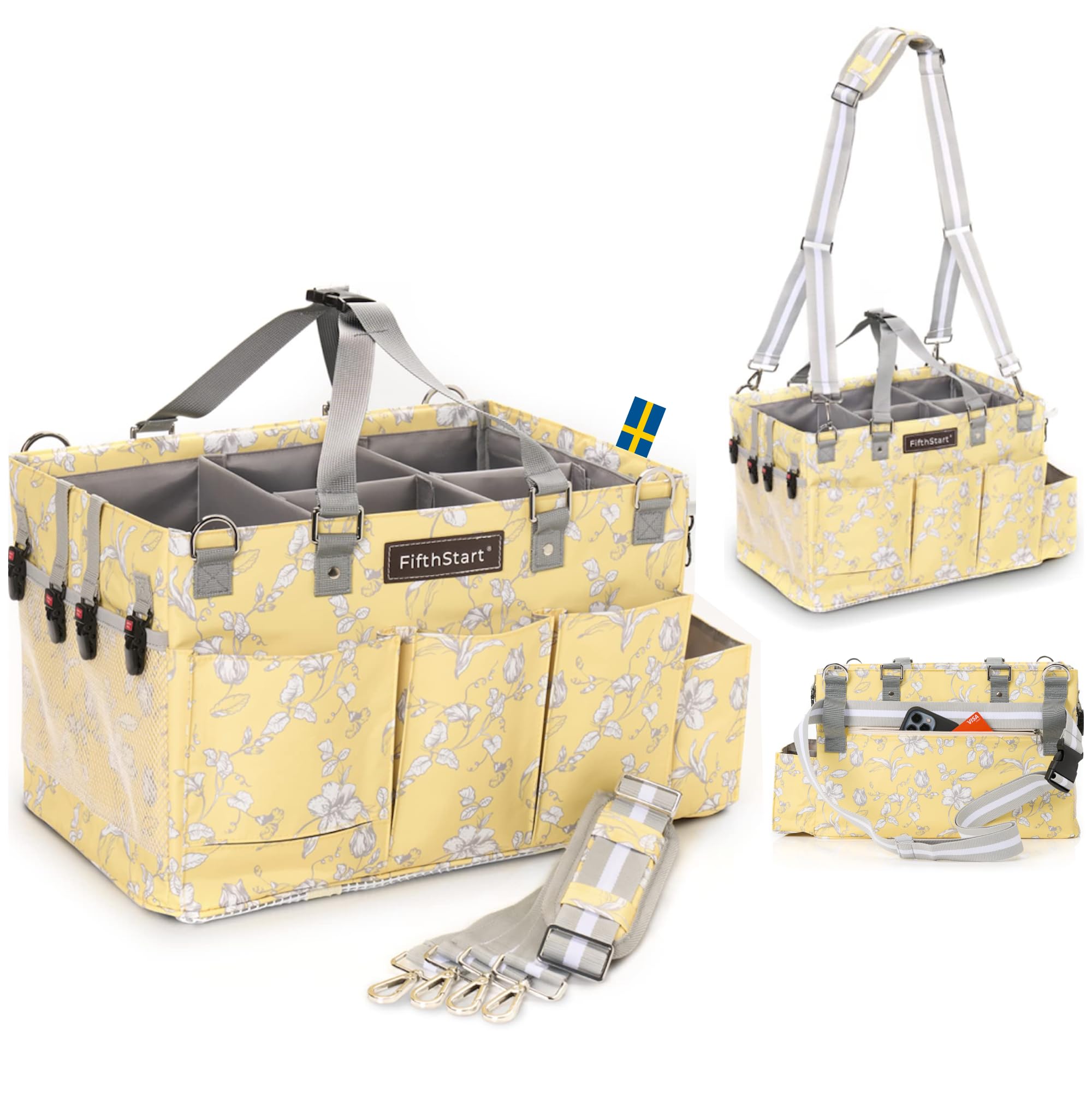 FifthStart Multiuse Cleaning Caddy - Diaper Caddy with Waist, Shoulder Strap, 9 Pockets, Mesh Base & Adjustable Compartments (Yellow Floral, Large) Image FifthStart Multiuse Cleaning Caddy - Diaper Caddy with Waist, Shoulder Strap, 9 Pockets, Mesh Base & Adjustable Compartments (Yellow Floral, Large) Image