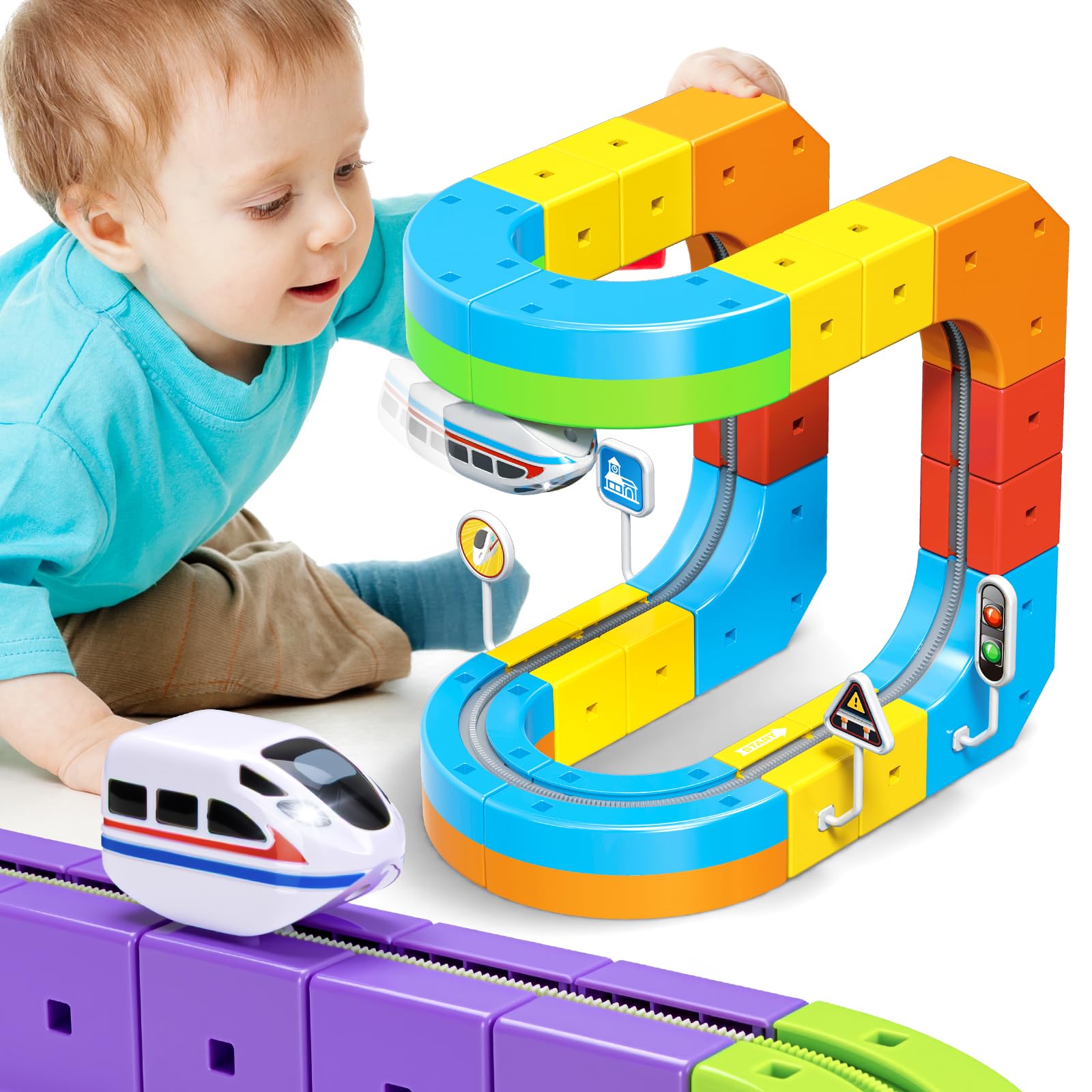 Photo 1 of KlickRail Electric Train Set Flexible Race Track for Kids 4 6 7 8, 32 Pcs Car Track for Toddlers 3-5, Building Toy Train Track Gravity-Defying 3D Embedded Layouts & Motorized Car, STEM Learning Gift
