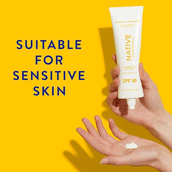 NATIVE SUNSCREEN SPF 30, ZINC OXIDE DERMATOLOGIST TESTED SUITABLE FOR SENSITIVE SKIN & HAWAII COMPLIANT, 5 OUNCES | PINEAPPLE & COCONUT SCENT SUN PROTECTION LOTION, LIGHTWEIGHT & SMOOTH