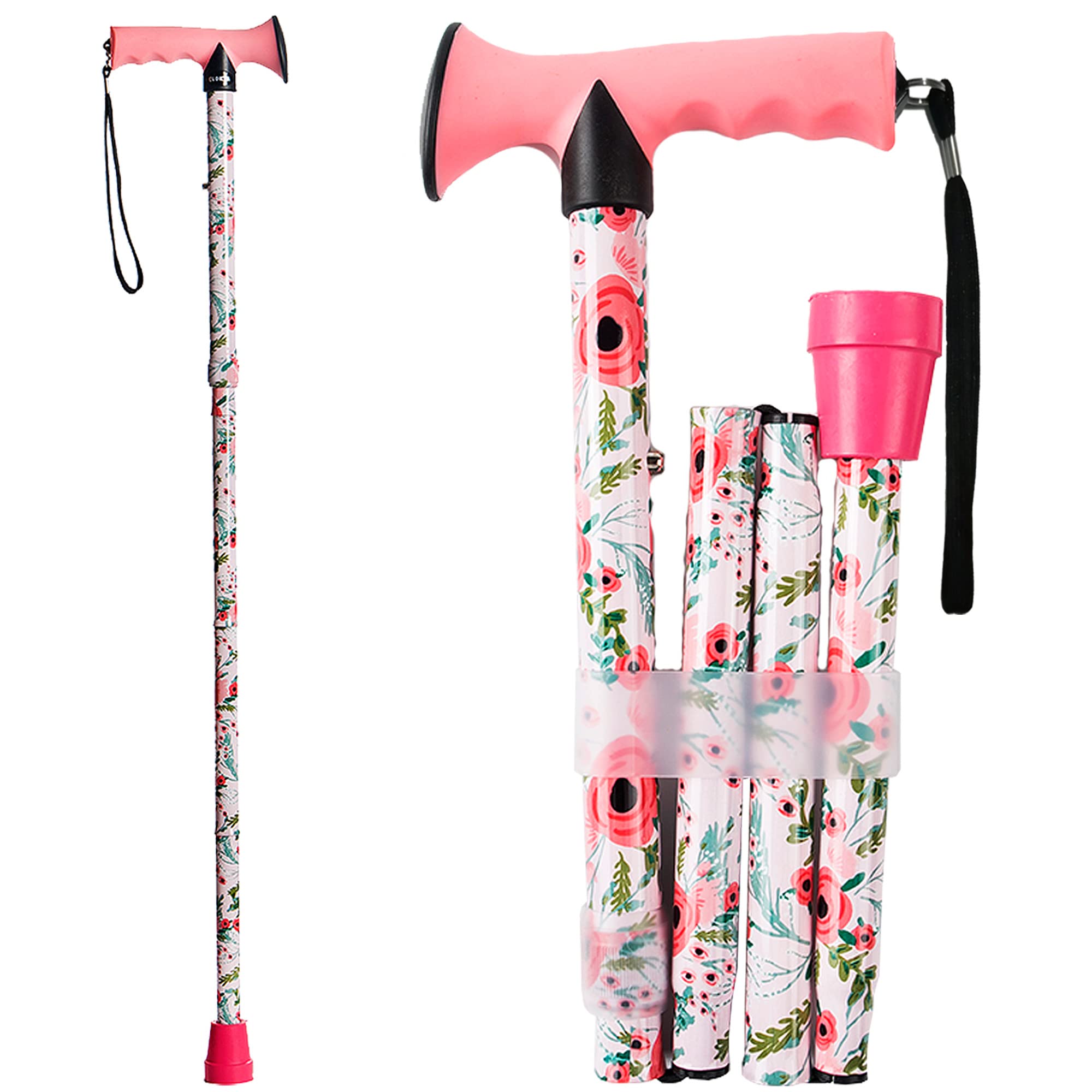 CLOKTA Walking Cane for Men and Women, Foldable Floral Lightweight Adjustable Portable for Folding Canes, Comfortable T-Handle for Seniors Adults