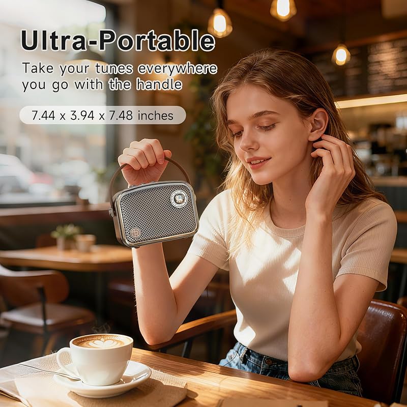 Altavoz Bluetooth portátil Estilo Vintage, marrón, diseño Retro con Rejilla de Malla metálica, Forma Cuadrada compacta (Marrón) — foto 6 de 8