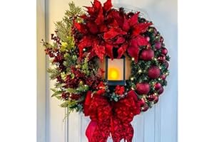 HEALT 16" Large Artificial Christmas Wreaths for Front Door,Xmas Wreaths with Bow Ribbon,Winter Garlands Wreath for Outdoor Indoor Window Mantle Christmas Decorations (Red)